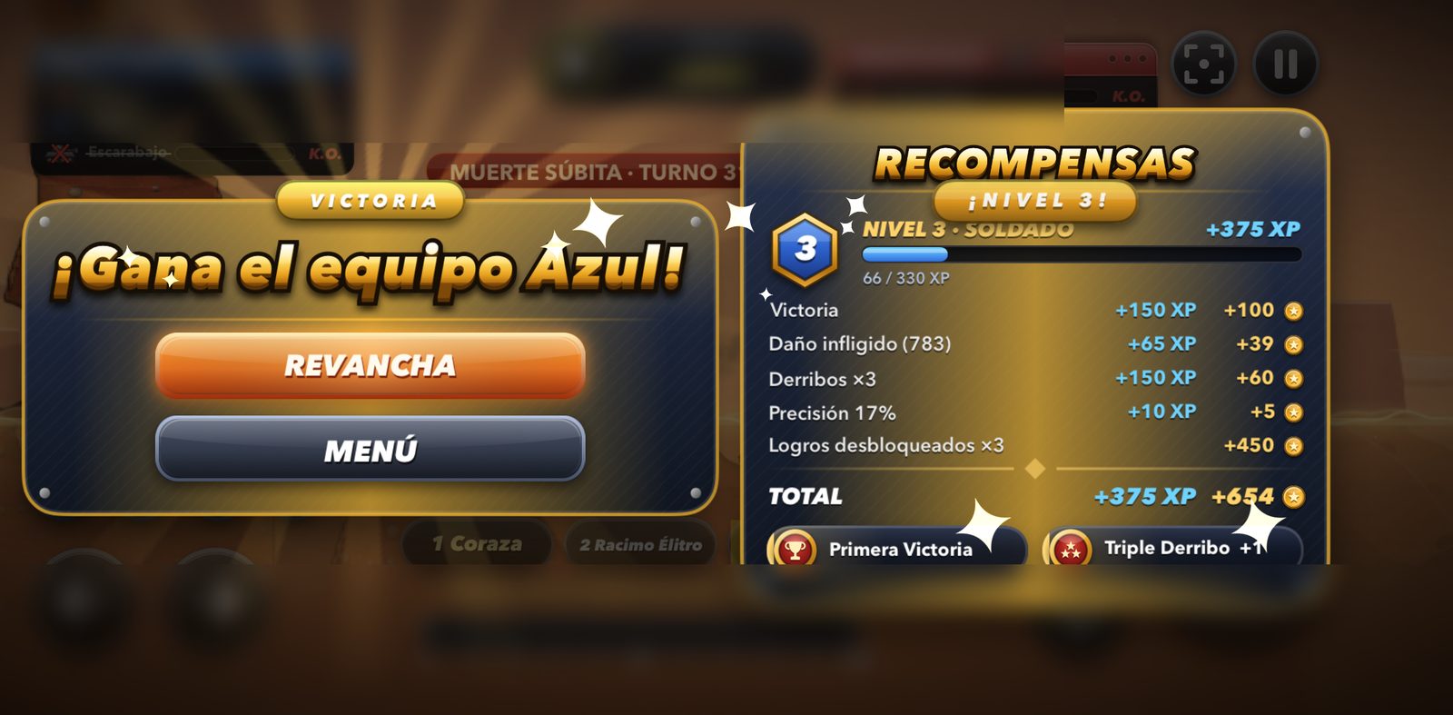Victoria: experiencia, monedas y logros desbloqueados.